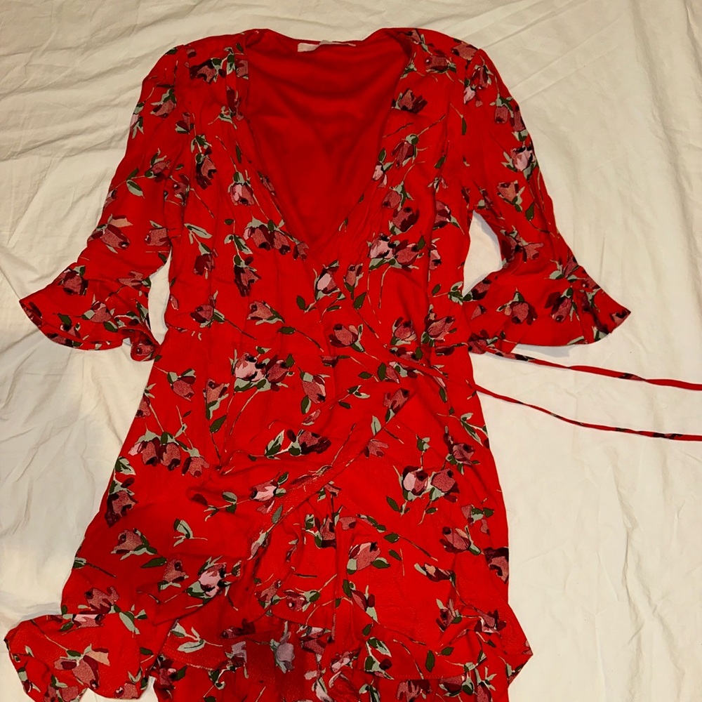 Zara Red Floral Short Sleeve Wrap Dress
